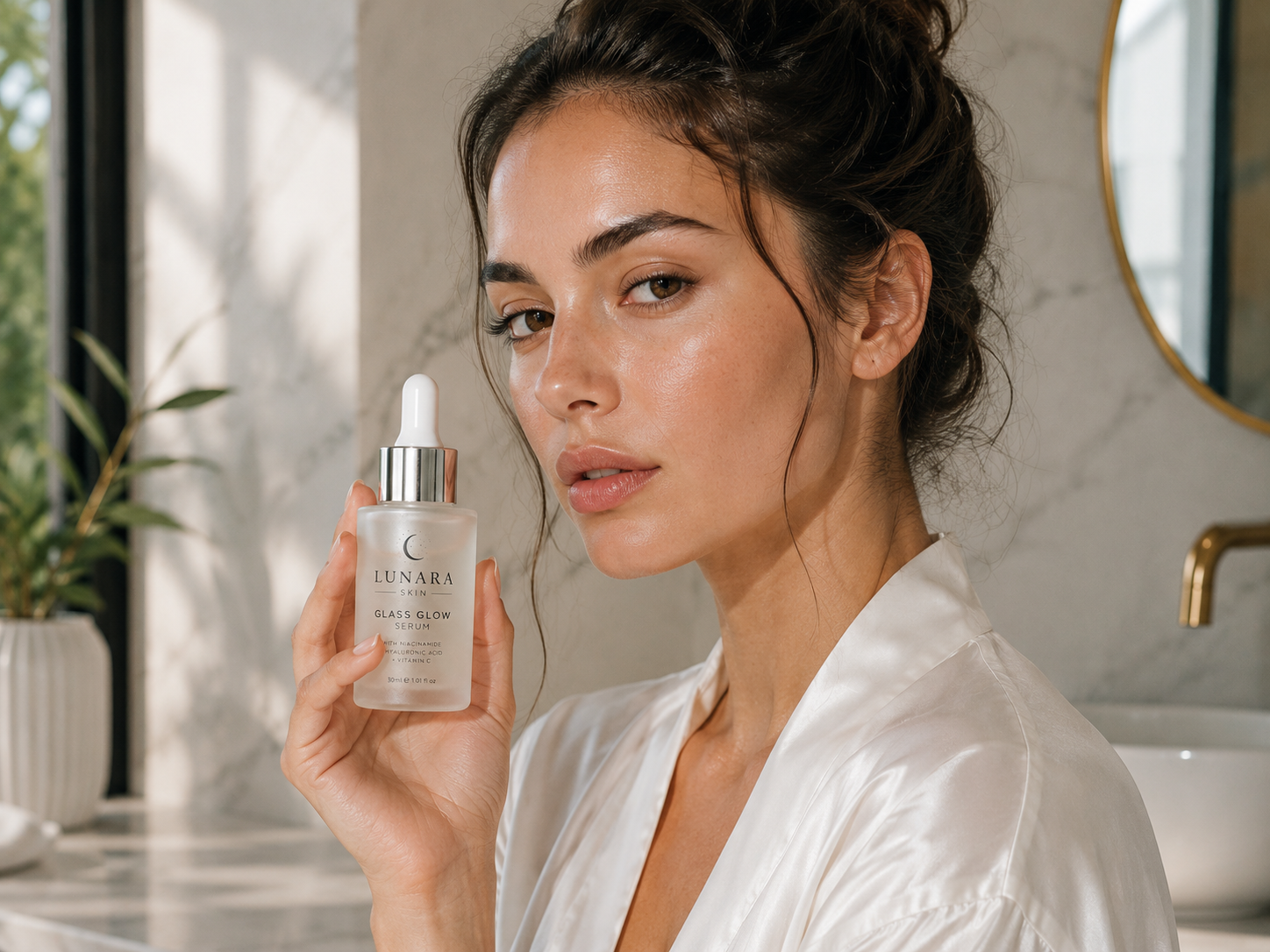 Talent holding Lunara serum in marble bathroom, editorial campaign frame